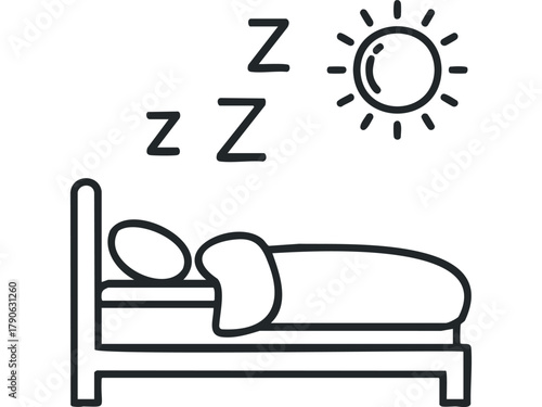 Person sleeping in bed with sun and Zzz symbols