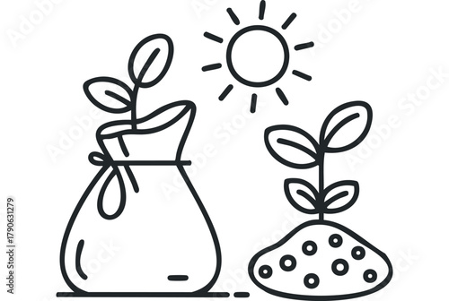 Growing plants from seed bag under sunlight