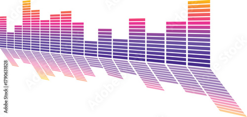 Colorful gradient equalizer bars in purple, pink, and yellow tones on white background show modern digital soundwave design. Abstract music frequency pattern with reflection effect. Perfect for DJ, au