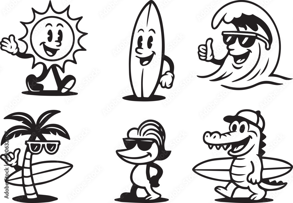 Fototapeta premium Retro Surf Cartoon Characters Set – Sun, Wave, Palm Tree, Alligator, and Surfboard Mascots.