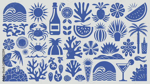 A Whimsical Collection of Tropical and Aquatic Motifs, Featuring Crabs, Coral, Palms, and Refreshing Drinks, Evoking a Seaside Ambiance