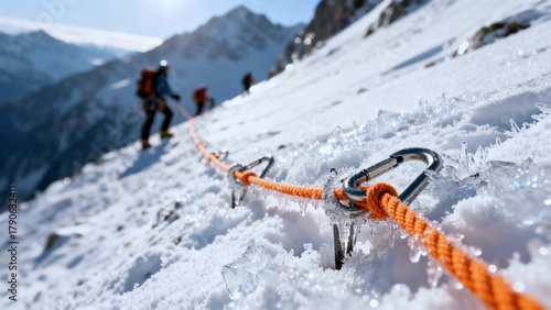 Climbers on snowy peak. Team of climbers ascending snowy mountain ridge, connected by rope with snowy peaks. Rock climbing, teamwork, perseverance, challenge, adventure and triumph of climbers concept