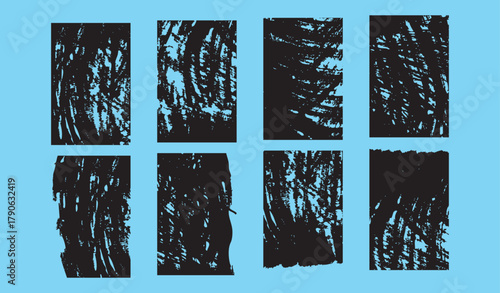 Handmade ink roller texture set with rough edges and aged effect. Grange urban background. Set of grunge rolled ink stamp textures handmade with brayer background