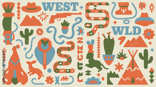 Vibrant Western-Themed Digital Illustration Cowboy Hat, Cactus, and Western Elements | Ideal for Design