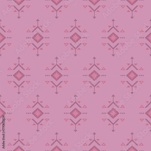 A pink tribal geometric background pattern designed in a minimal and contemporary style. Perfect for use in textile design, wallpaper, or digital graphic projects.