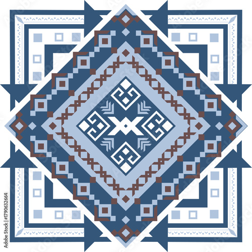 A detailed blue and brown tribal geometric pattern with symmetrical diamond shapes. Perfect for textile design, wallpaper, backgrounds, and ethnic-style digital artwork.