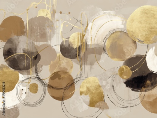Abstract painting of circles and lines in shades of brown beige and gold artistic design background modern art illustration © EpicFade