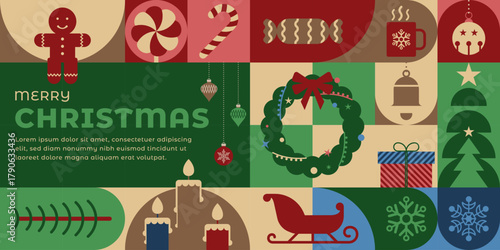 merry christmas modern banner background with simple flat holiday icons