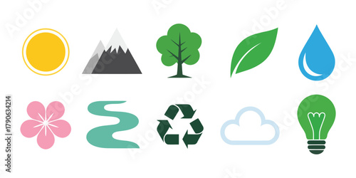 Eco friendly nature icon set featuring sun, mountains, tree, leaf, water drop, flower, river, recycle symbol, cloud, and light bulb representing sustainability, environment, and green energy