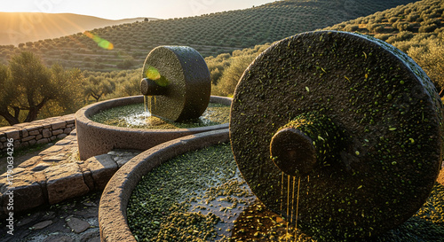Rustic Stone Olive Press at Golden Hour in Andalusia
A stunning, low-angle photograph capturing two massive, rustic stone mill wheels, historically used for crushing olives to extract olive oil