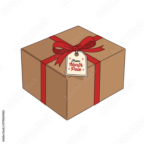 Christmas Gift Box from the North Pole with Red Ribbon and Tag – Holiday Package Vector Illustration