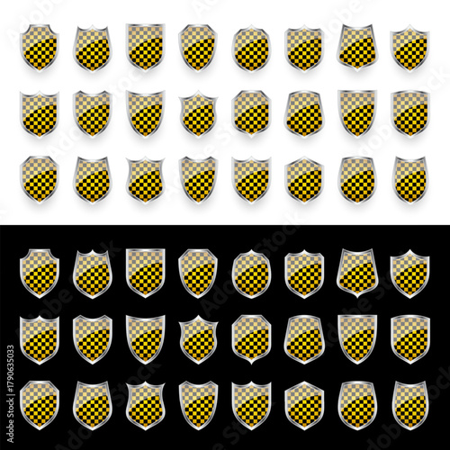 Glossy shields with yellow and black pattern. Security and protection concept. Cyber safety icons, internet privacy, web defense, digital data protection and antivirus themes. Vector illustration.