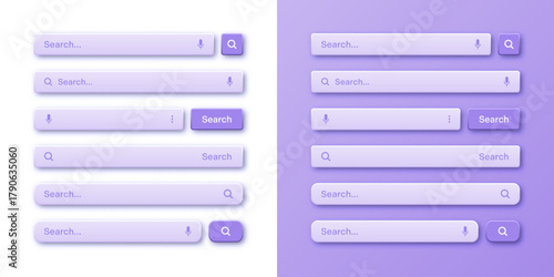 Colorful 3d search bar template. Internet browser engine with search box, address bar and text field. UI design, website interface element with web icons and push button. Vector illustration.