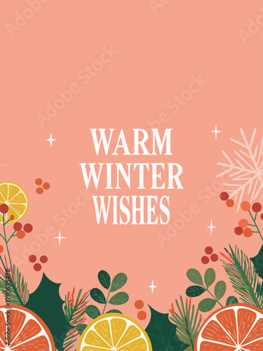 Festive Christmas background. Hand-drawn design on a pink background with a grainy texture, perfect for a holiday greeting card. 