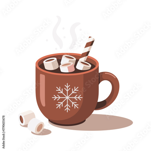 A steaming mug of hot chocolate with marshmallows and a candy cane rests on a surface.