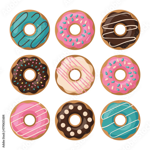 A variety of colorful frosted donuts with sprinkles and icing in a grid pattern.