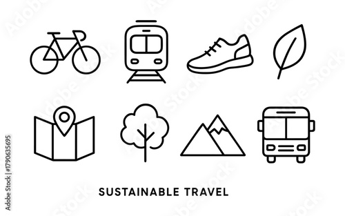 Sustainable travel icons set featuring transportation, nature, and adventure elements in linear style