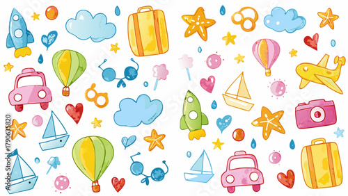Hand drawn crayon pencil stroke doodle cars, airplanes, boats, hot air balloons, maps, cameras, and suitcases. Vector illustration
