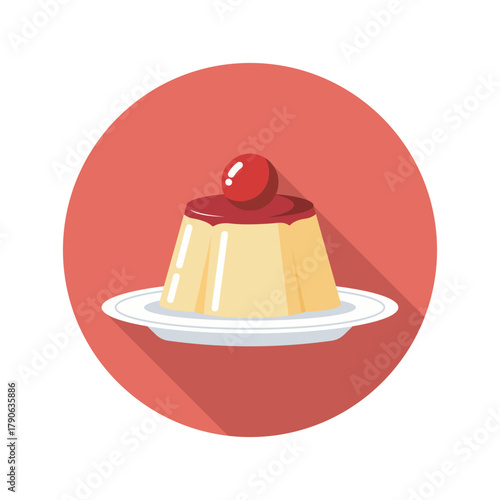 Creamy Pudding Dessert with Sweet Cherry Topping Delicious Custard Treat on a Plate Red Background Sweet Dish Icon Style
