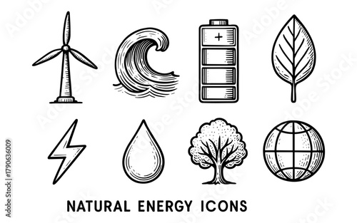 Eco-friendly energy icons: clean power and sustainable resources in hand-drawn style
