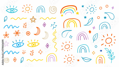 Line icon cute element set. Doodle line color icon, abstract lines, sunbursts, eyes, leaves, moons, and rainbows. Vector illustration
