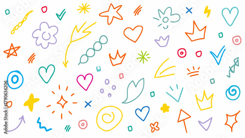 Line icon cute element set. Doodle line color icon, decorative arrow, cloud, crown, sparkle and flower. Vector illustration.