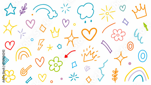Line icon cute element set. Doodle line color icon, decorative arrow, cloud, crown, sparkle and flower. Vector illustration  