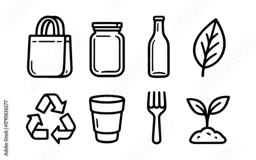 Zero waste icons: eco-friendly black and white linear designs for sustainable living