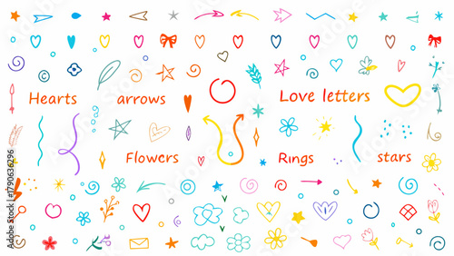 Line icon cute element set. Doodle line color icon, hearts, arrows, love letters, flowers, rings, stars, and affectionate symbols. Vector illustration