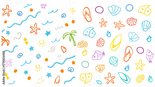 Line icon cute element set. Doodle line color icon, waves, seashells, fish, starfish, sun, palm trees, flip-flops, and surfboards. Vector illustration