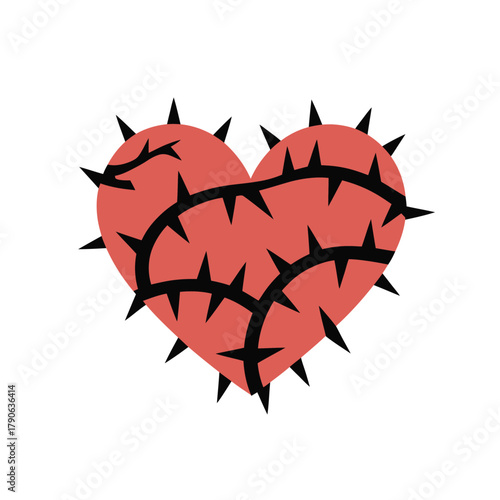 A stylized red heart is entangled with thorns and sharp spikes, symbolizing pain or difficult emotions.