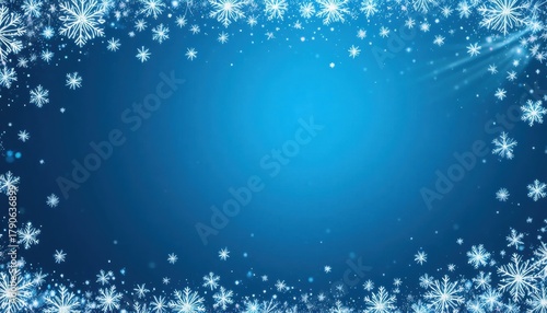 A winter-themed background featuring a gradient blue color with delicate snowflakes scattered around the edges.