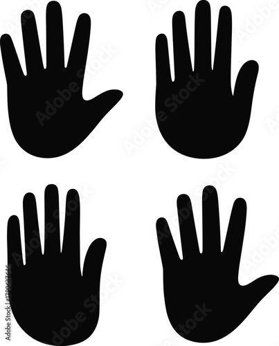 Human hand silhouette, black vector, palm shape, fingers spread, isolated design, cutout template, craft element, educational use, symbol, grid layout
