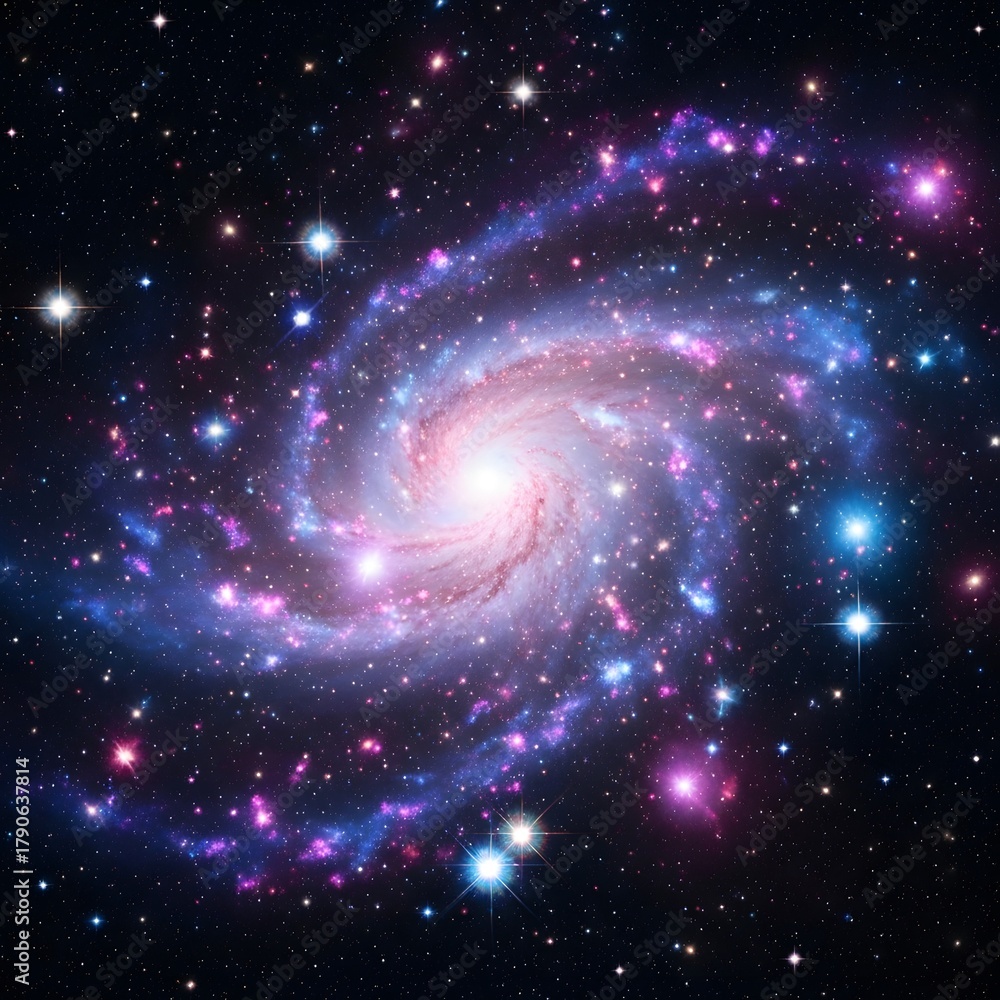Fototapeta premium Vibrant spiral galaxy with glowing core and starry nebula in deep space