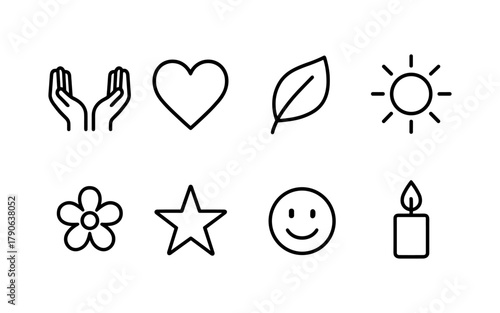 Minimalist line icons: nature, wellness, and positivity symbols collection