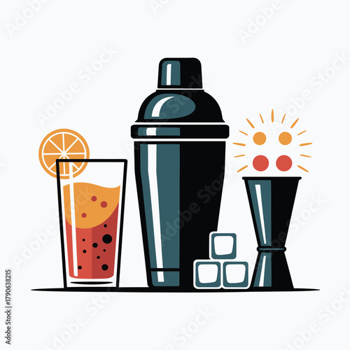 A cocktail shaker with a glass, ice cubes, and a jigger, ready to make drinks.