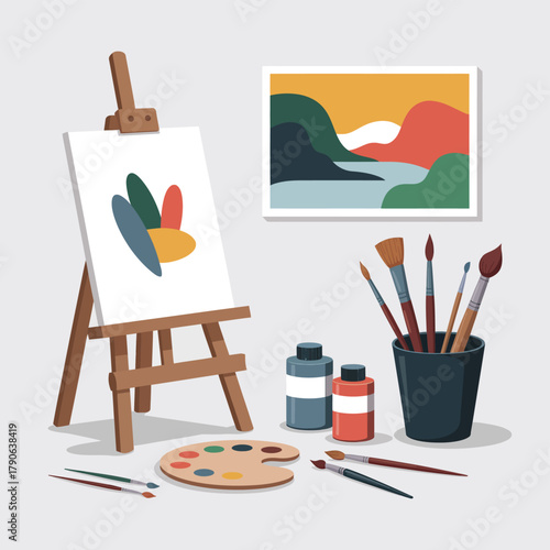 An artist's easel displays a colorful abstract painting next to art supplies.