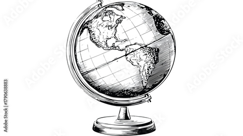 Global Connection: Black and White Globe with Second Globe Icon Vector Illustration