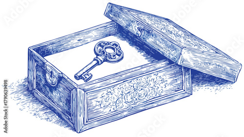 Blue and White Vector Drawing of Box with Key Inside