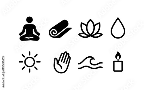 Black icon set: meditation, yoga, and wellness symbols in minimalist style