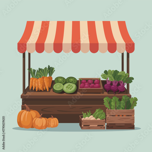 A charming farmer's market stall displays fresh vegetables and pumpkins.