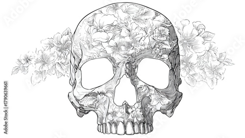 Stylish Black and White Skull with Floral Design Vector Illustration
