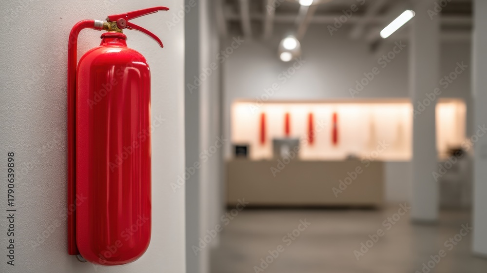Obraz premium Red fire extinguisher mounted on a white wall in a modern building interior safety equipment close up shot