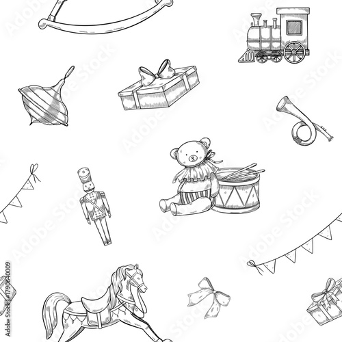 Seamless vector pattern with vintage toys including teddy bear, rocking horse, drum, and train. Linear illustration of seamless background for Christmas wrapping paper and festive textile design.