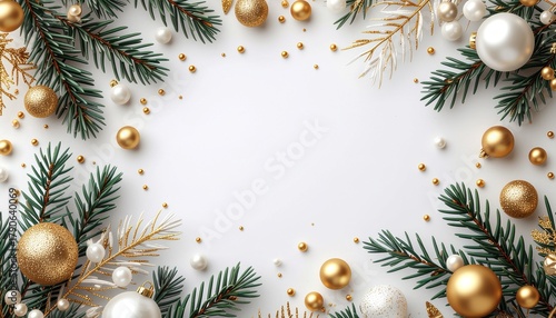 Spread holiday cheer with this elegant Christmas decoration featuring golden ornaments and pine branches on a clean white background for a festive mood.