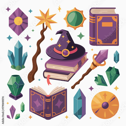 A collection of mystical items including magical books, crystal balls, and wands.