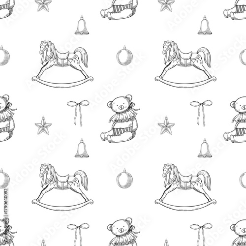 Seamless vector pattern with rocking horse, teddy bear, bells, and stars. Illustration of Background with vintage baby toys for Christmas wrapping paper or Xmas textiles in linear style.