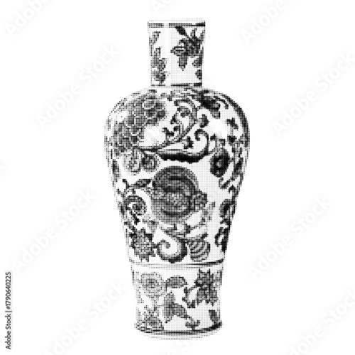 Vintage porcelain vase with ornate floral decoration in monochrome halftone style. Elegant art for classical and interior design projects.