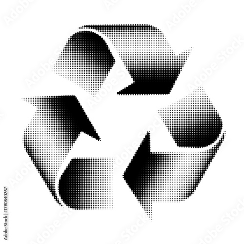 Halftone recycle symbol in black and white. Modern ecological icon for sustainability, environmental design, and zero waste projects.