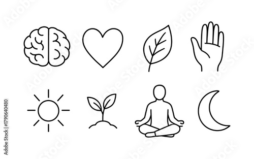 Minimalist wellness icons: health, balance, and mindfulness in black and white